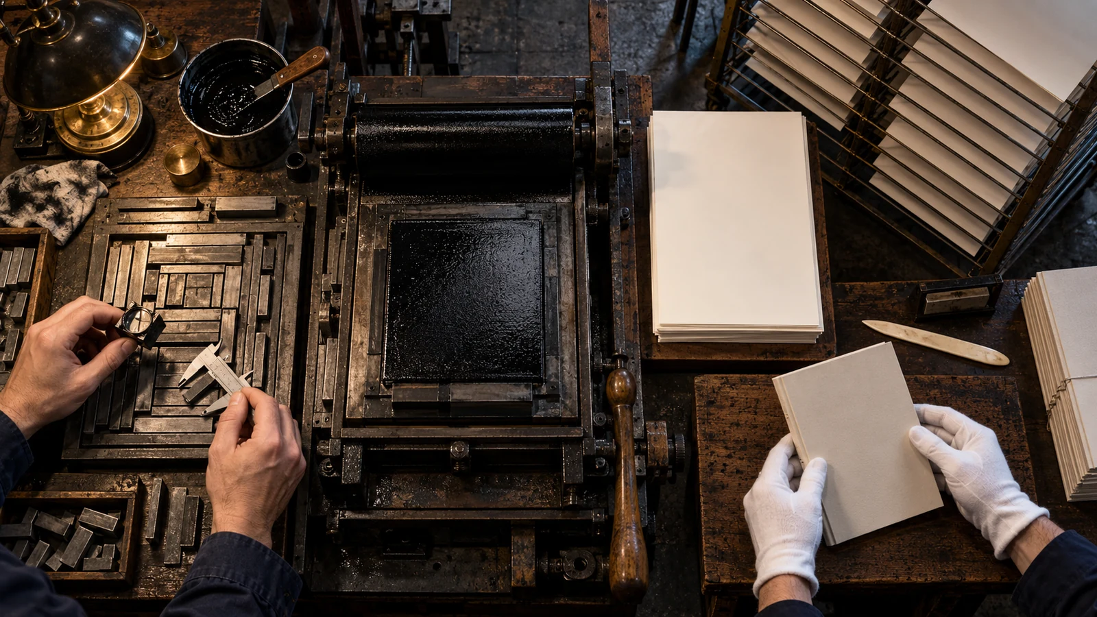 Printers measure metal type beside an inked letterpress while a second craftsperson inspects a finished bound piece.