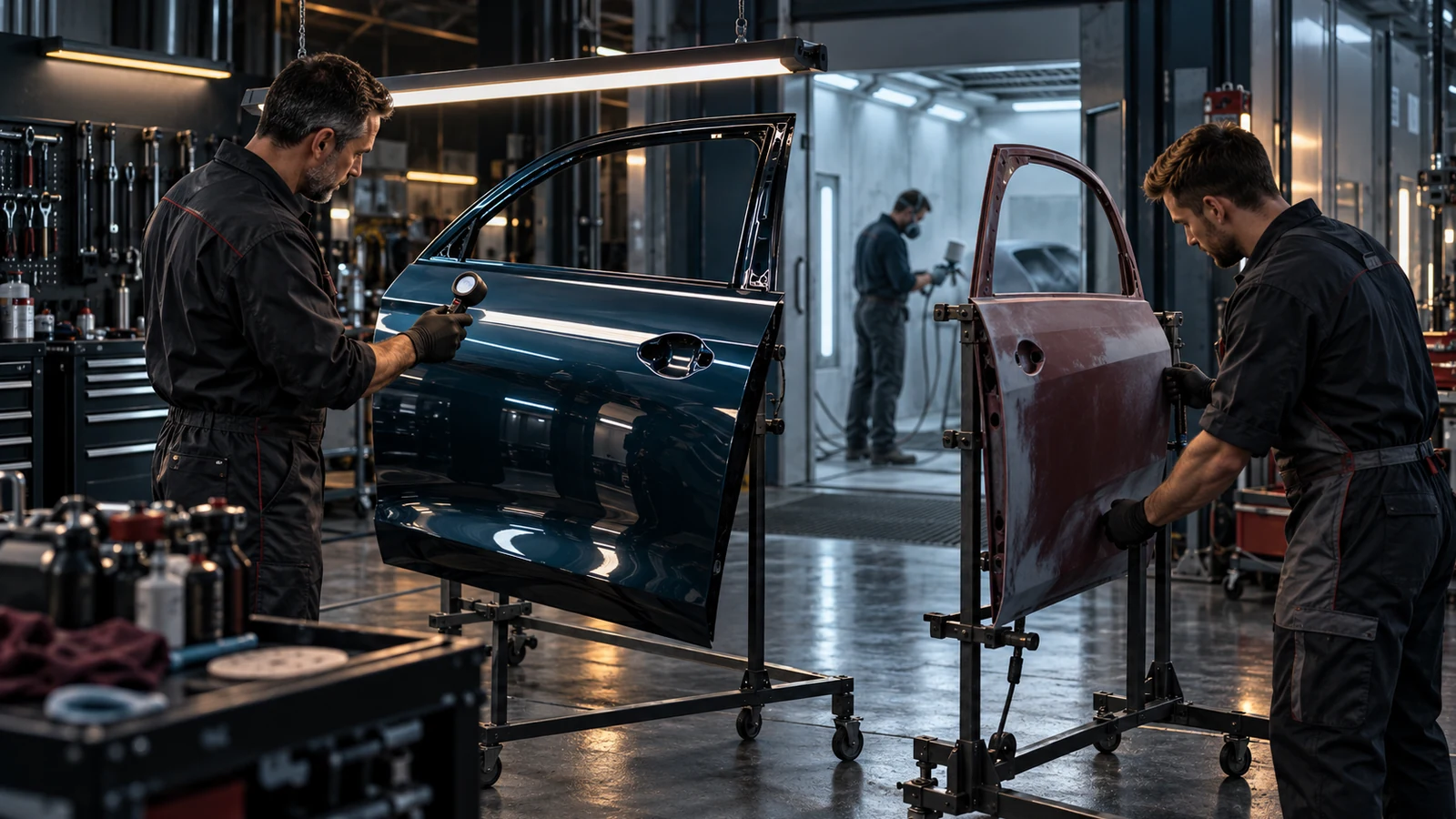 Automotive technicians compare a polished car door with an unfinished panel under detailed workshop inspection lights.