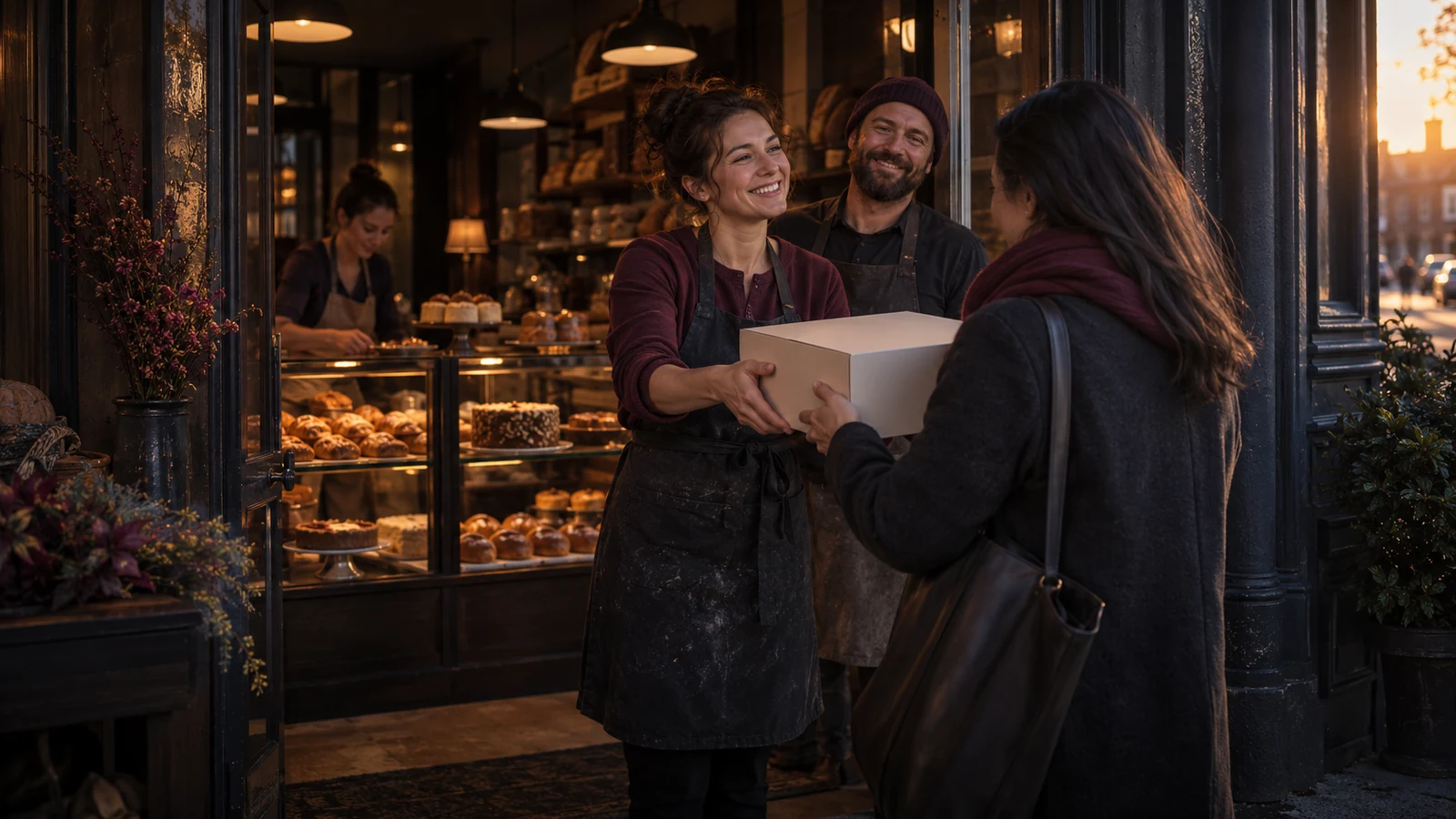 Independent bakery owners hand a finished order box to a customer outside their warmly lit shop at dusk.