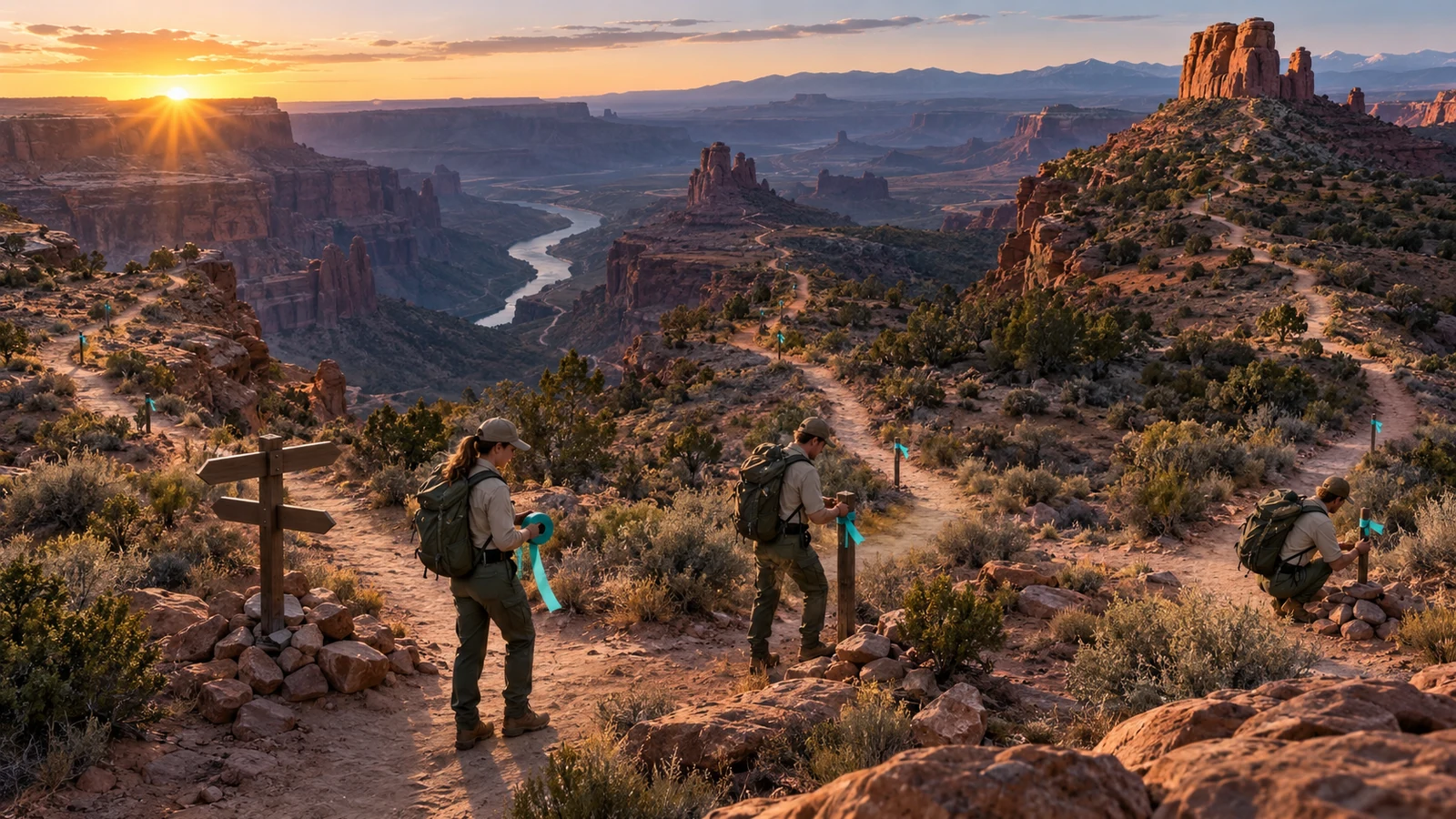 Three trail workers place teal route markers across a branching desert canyon at sunrise