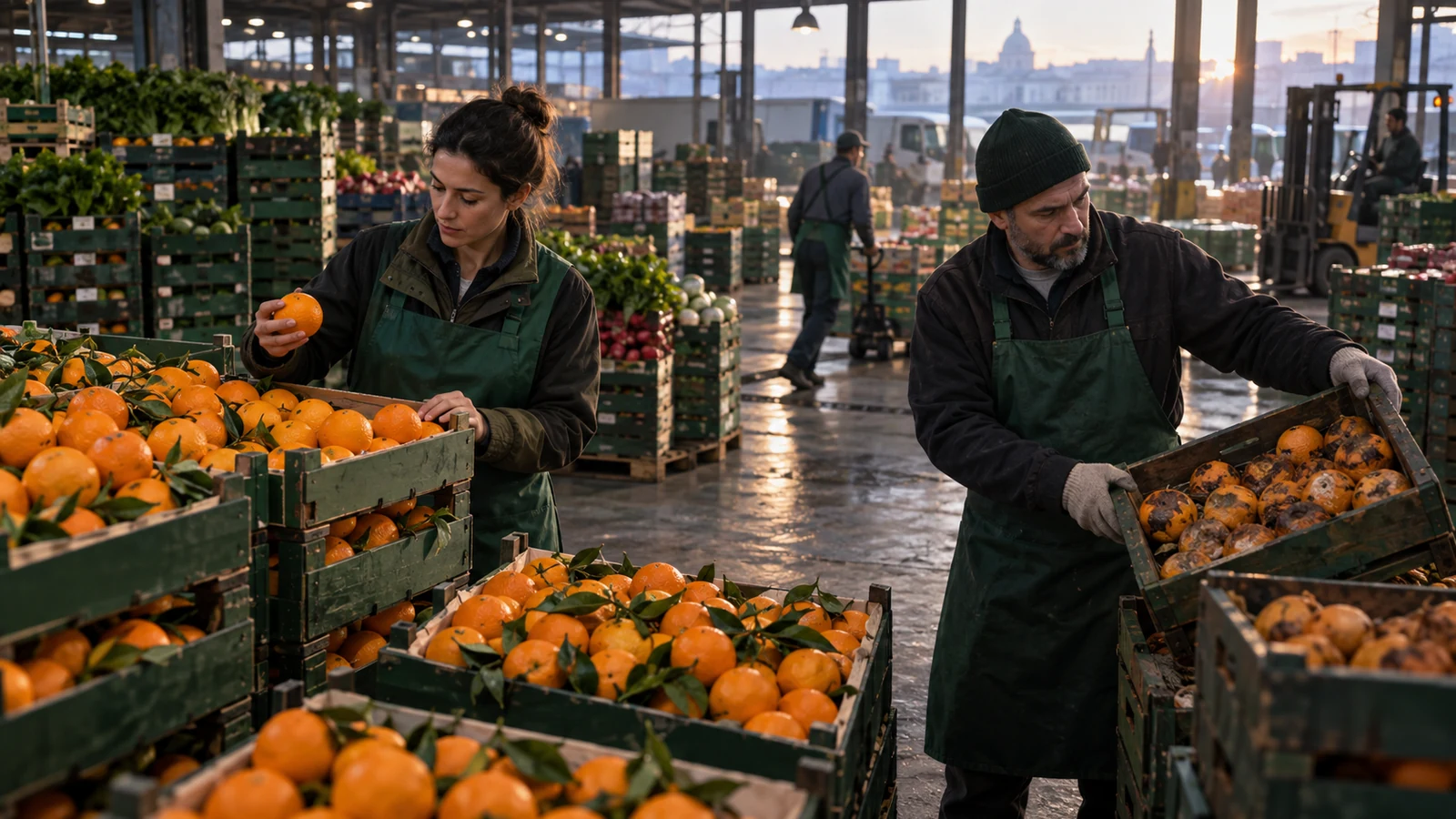 Produce-market inspectors compare fresh and damaged citrus crates before distribution