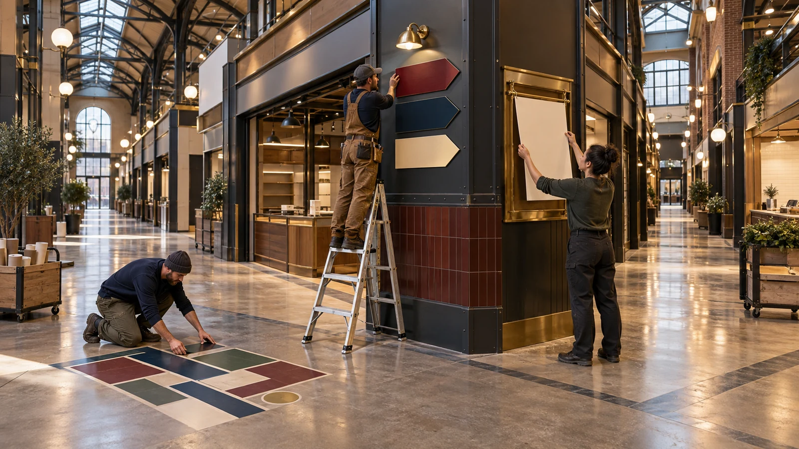 Three market workers install blank wayfinding arrows, an abstract floor plan, and an update rail