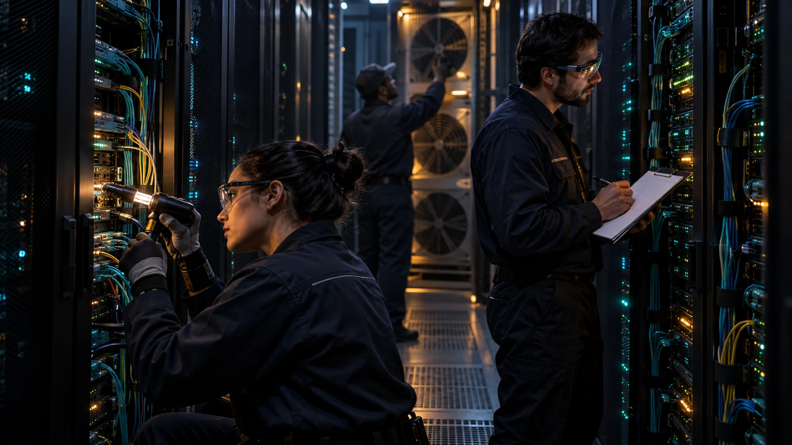 Three data-center technicians inspect server connections, airflow, and a blank verification checklist