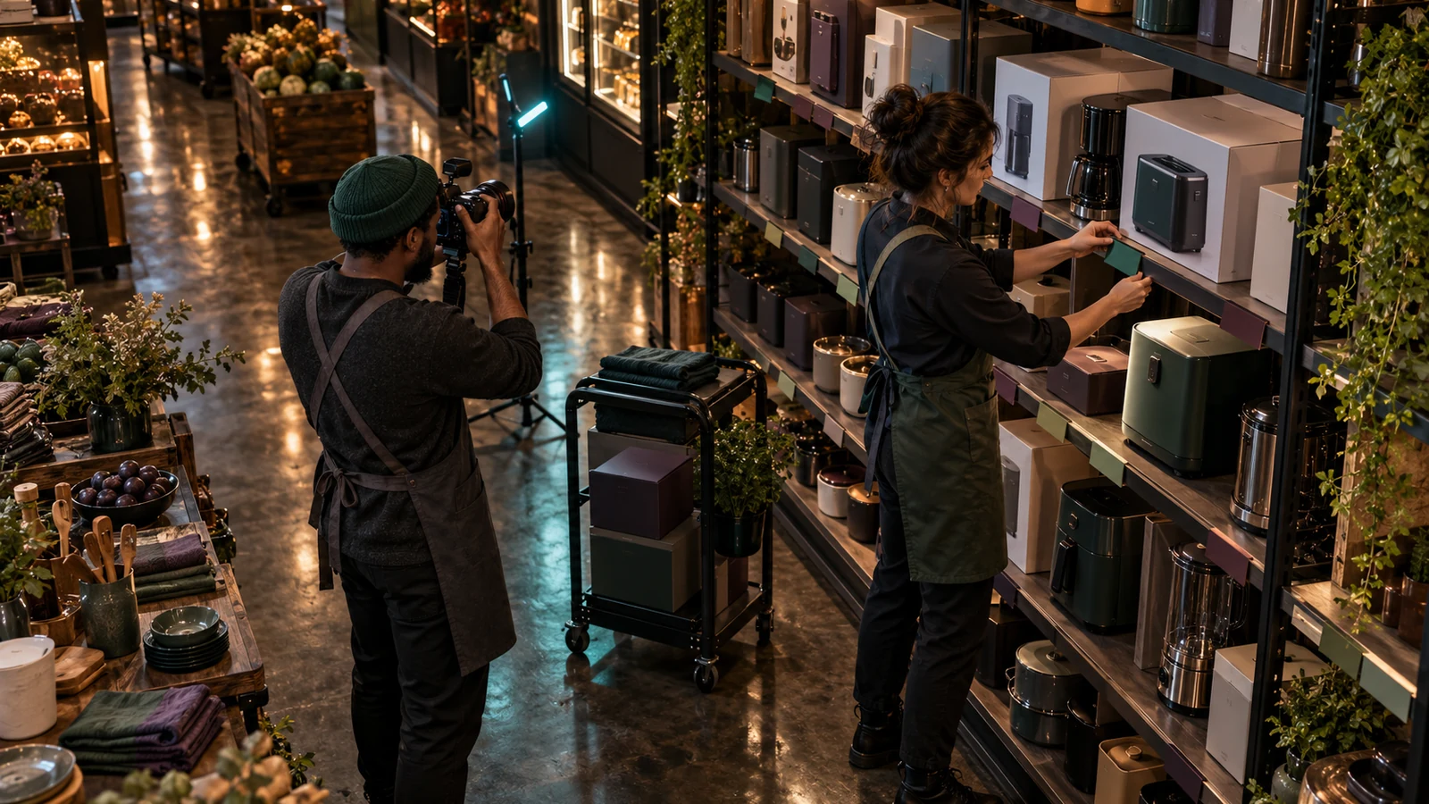 Two retail workers replace blank shelf tags and photograph products in a dark grocery aisle after closing