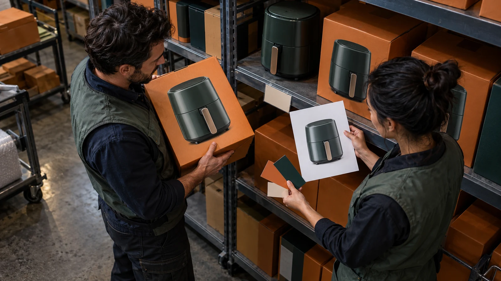 Two stockroom merchandisers compare an unbranded appliance box, product photograph, blank shelf tags, and color swatches