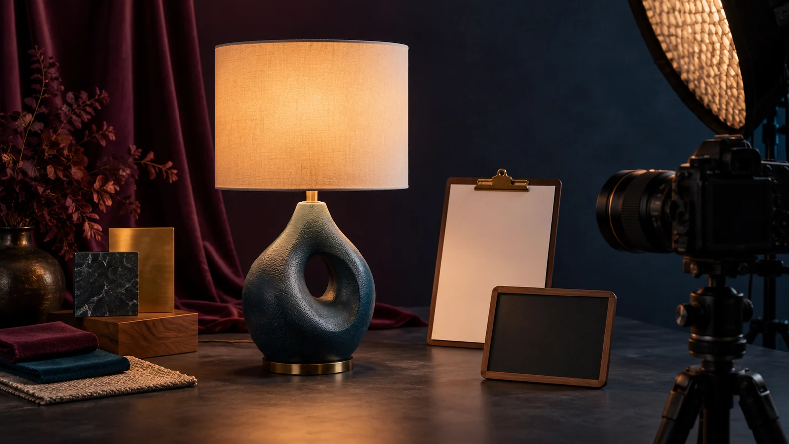 A ceramic lamp, camera, material swatches, blank clipboard, and blank slate arranged on a dark product photography bench