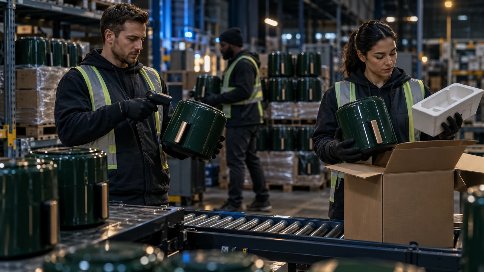 Warehouse workers scan and pack matching green countertop appliances on a conveyor