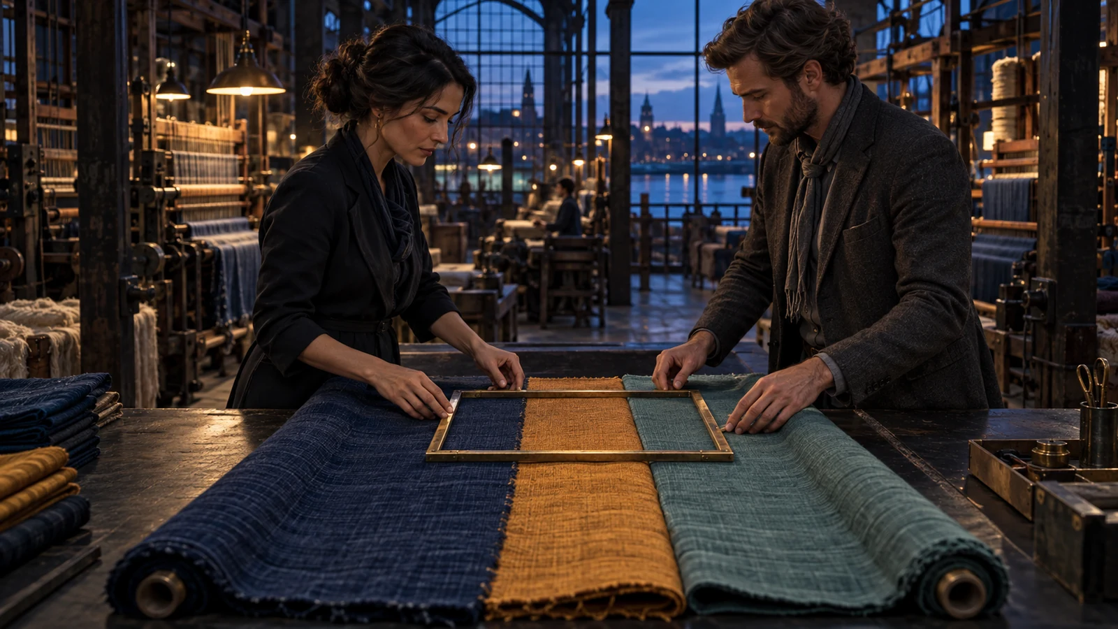 Two textile buyers align indigo, saffron, and teal fabric samples under a brass inspection frame