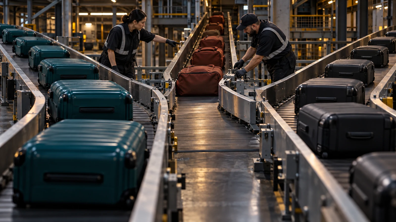 Two baggage workers inspect teal, rust, and charcoal luggage streams converging on one conveyor
