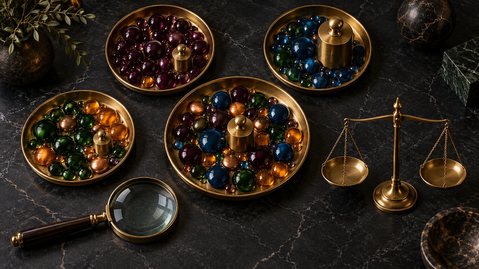 Separate brass trays of colored glass counters surround a combined tray, magnifier, and balance scale