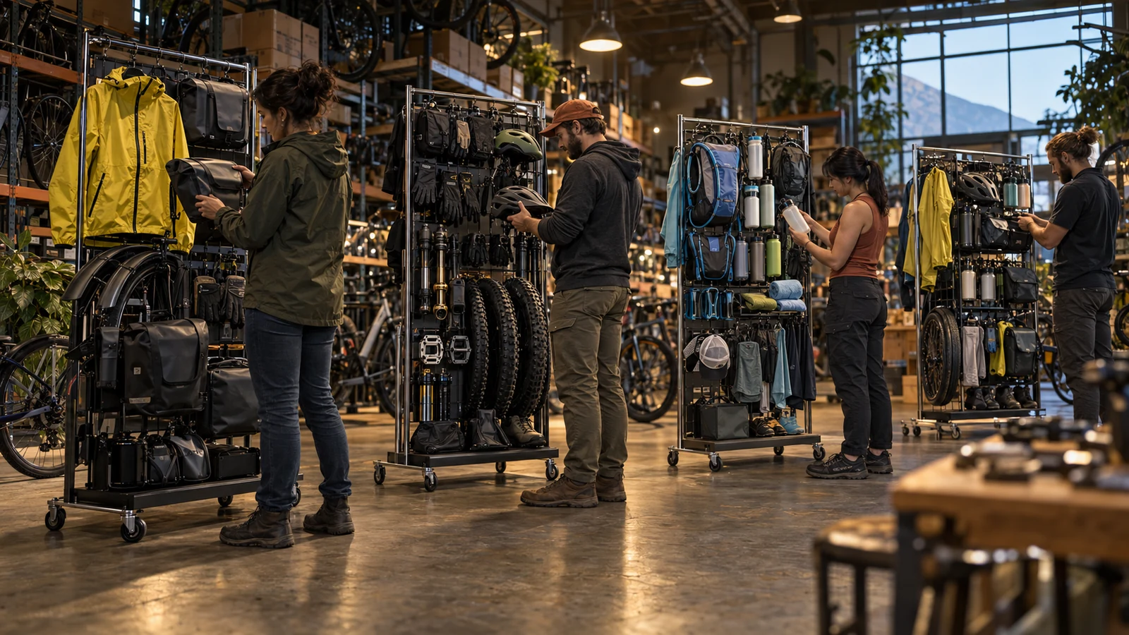 Four bicycle-company staff inspect separate weather-specific product racks in a distribution room