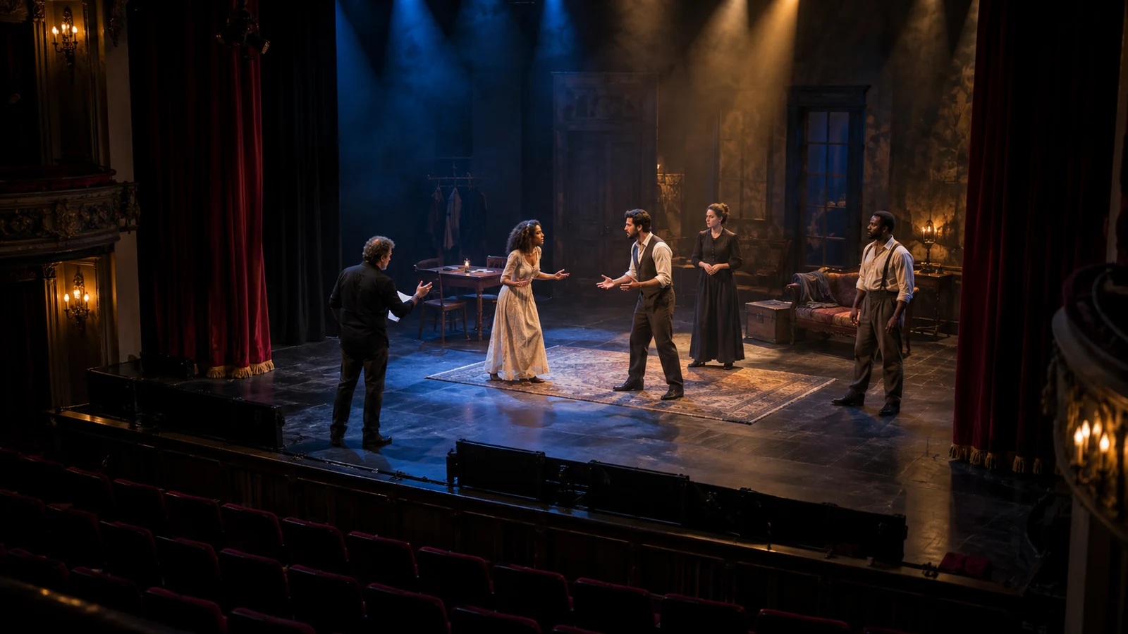 Five performers rehearse one focused scene on a dark historic theater stage viewed from the balcony