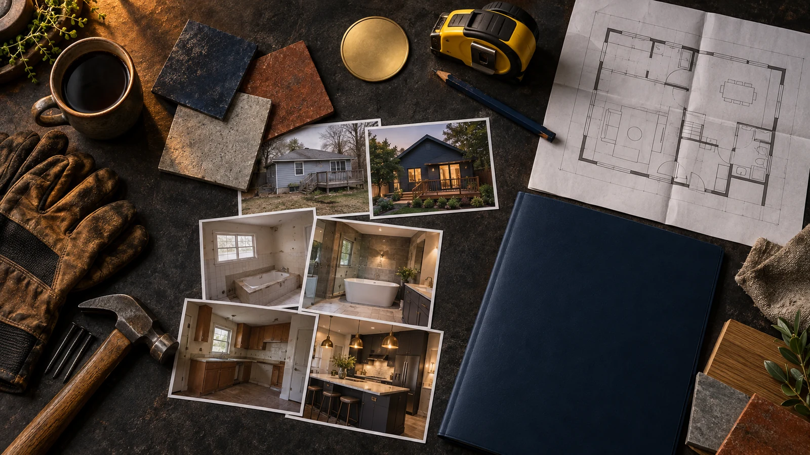 Contractor material samples, renovation photographs, a floor plan, tools, and a blank estimate folder on dark slate