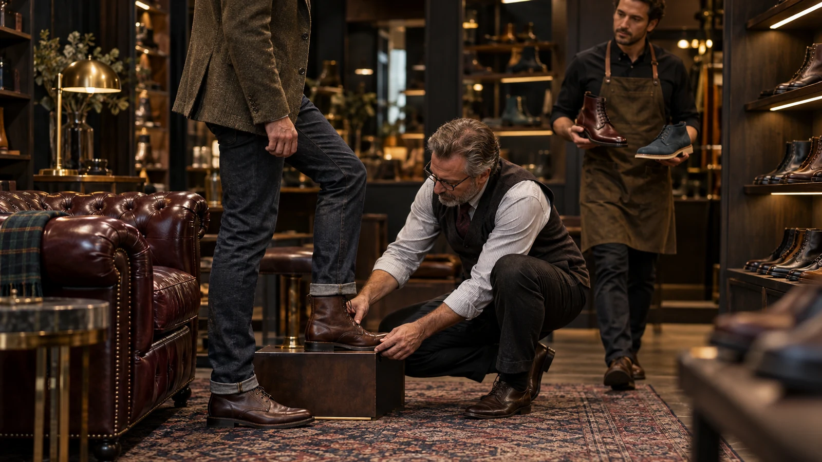 An experienced shoe fitter checks a customer’s brown boot while another employee presents two options