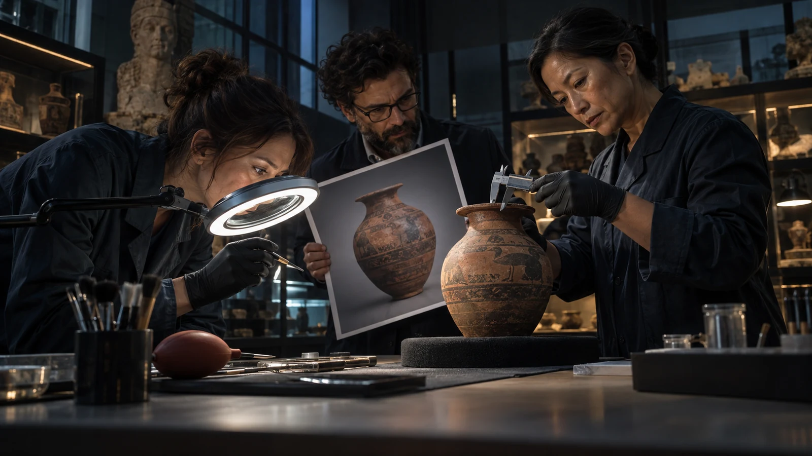 Three museum conservators inspect one ceramic artifact with a magnifying lamp, photograph, and calipers