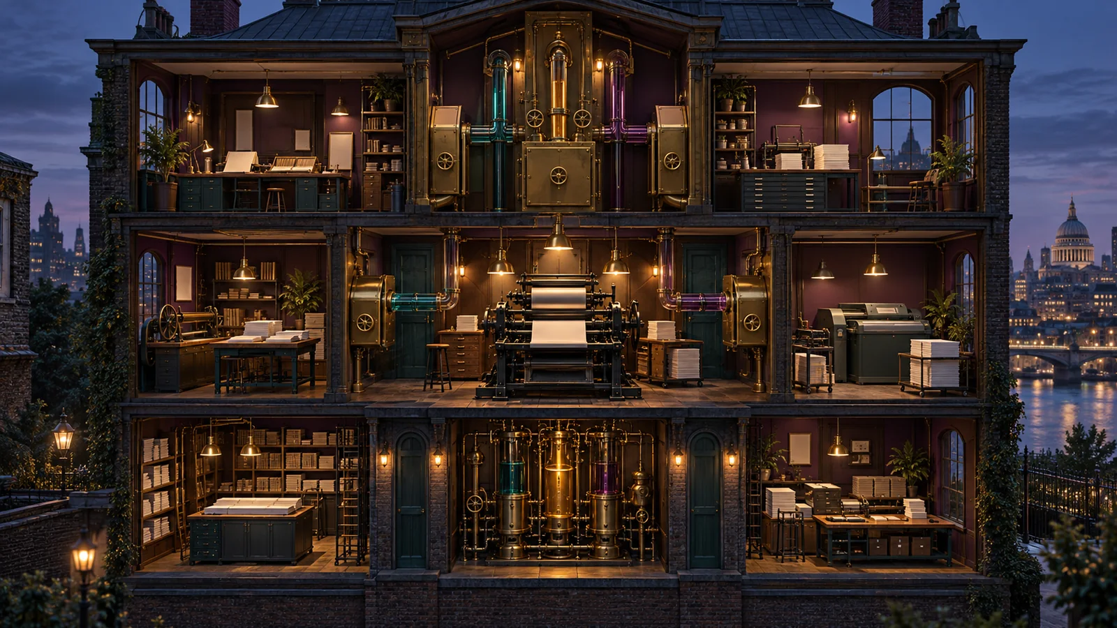 Cutaway publishing house connects a central letterpress to three separate workshop rooms through locked brass tool bays