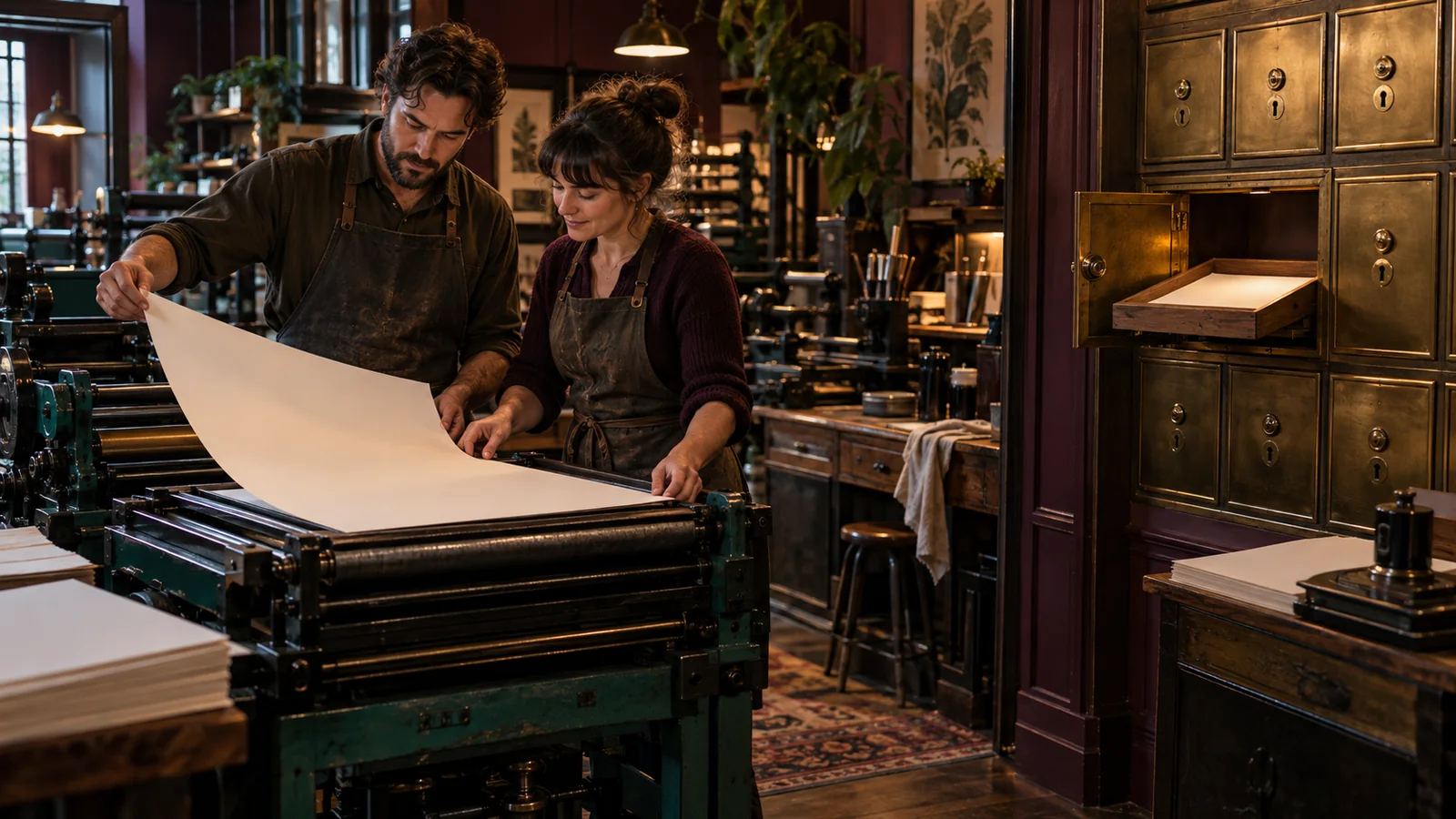 Two standing editors inspect a blank proof at an artisan press beside one open brass job hatch and several locked hatches