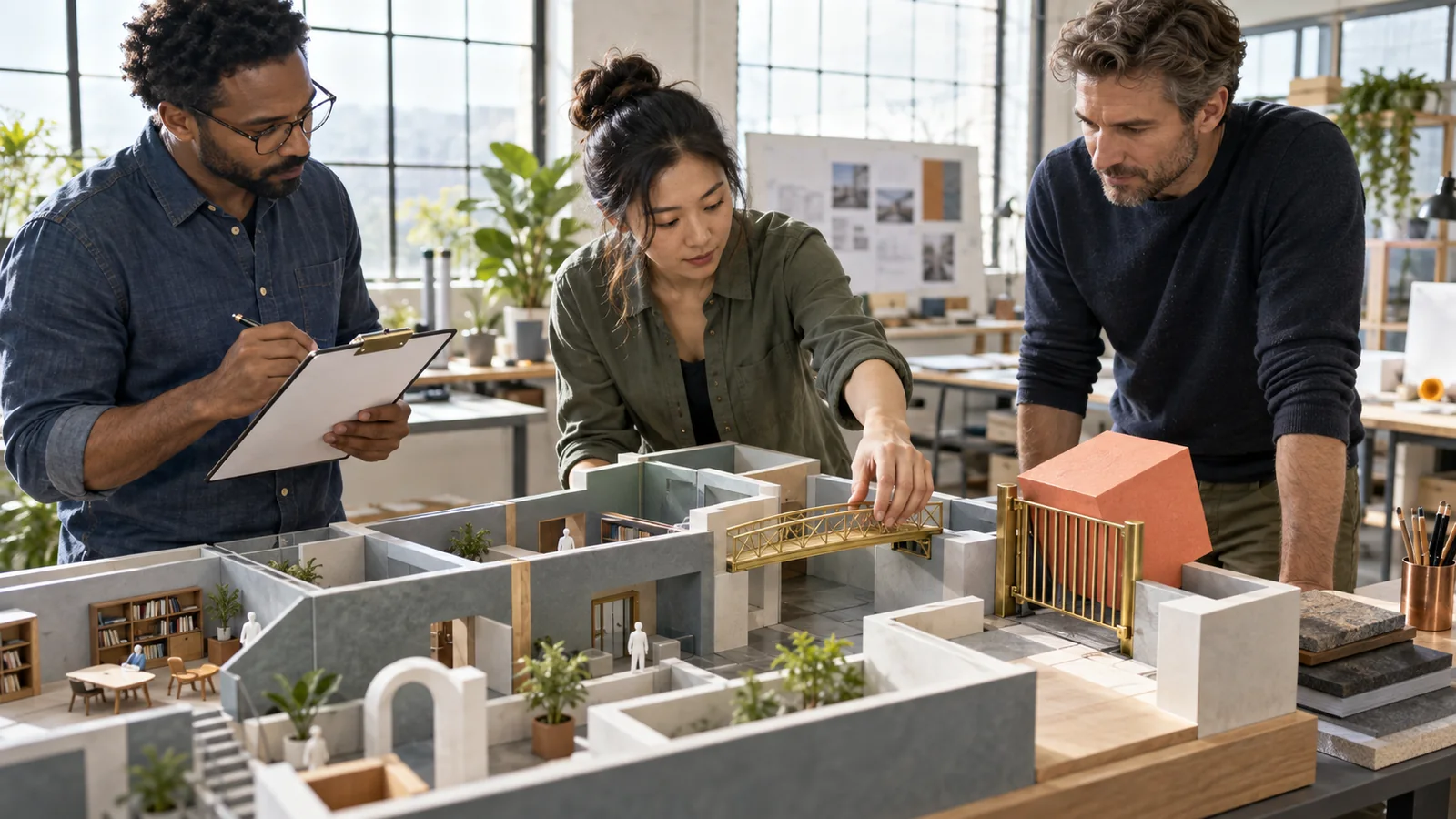 Three standing specialists test a removable brass bridge and safety gate on a physical model of publishing rooms