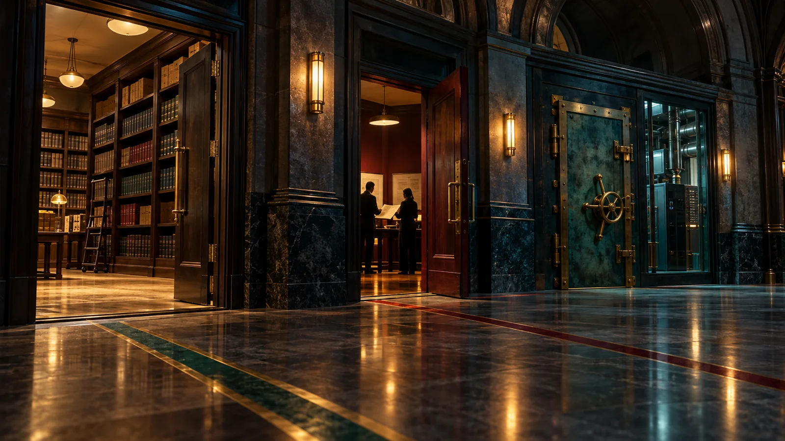 Low-angle publishing-house corridor separates an open archive, a staffed review room, and a sealed operations vault