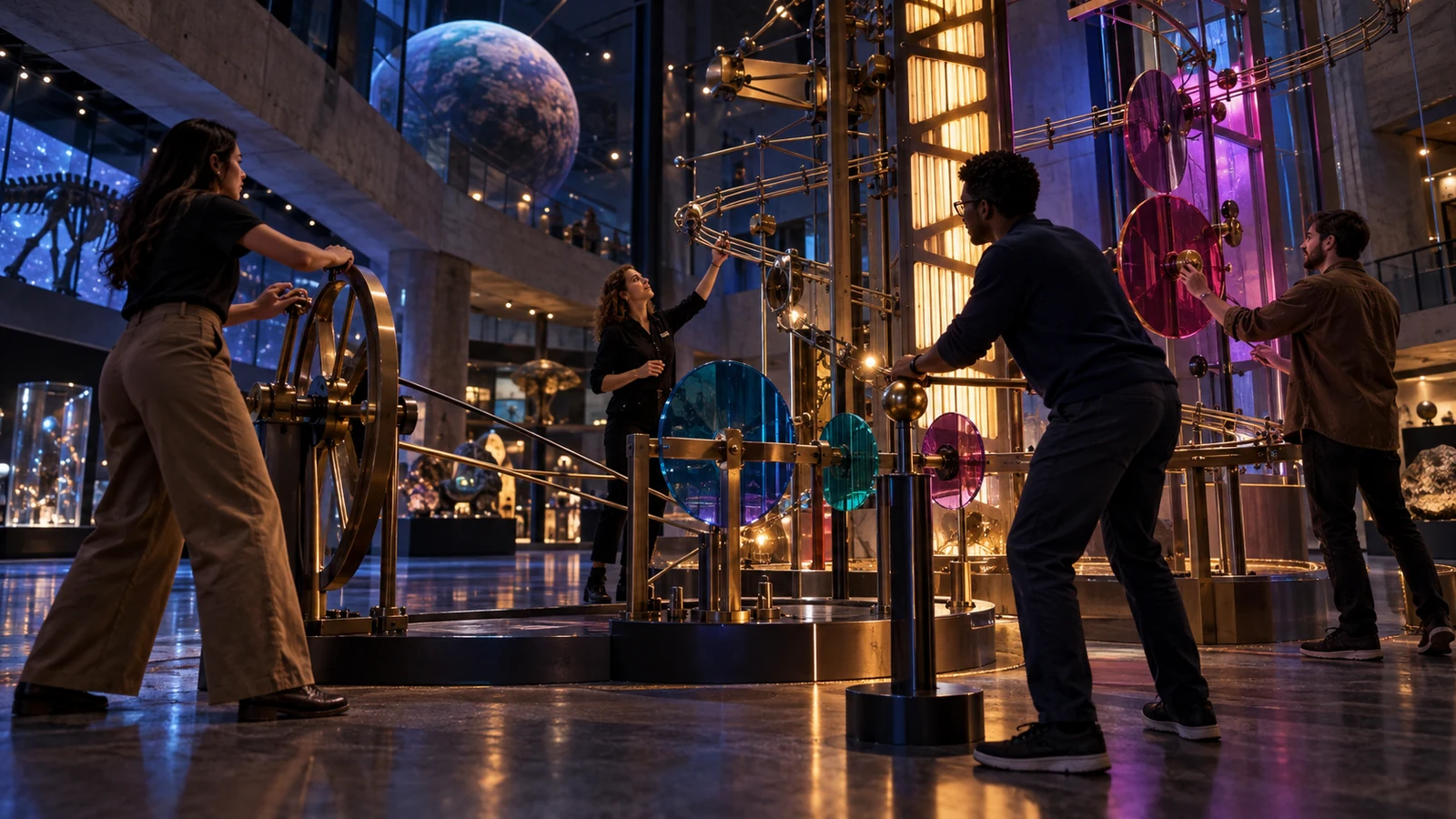 Four museum visitors operate a large brass kinetic exhibit under blue and amber gallery lighting