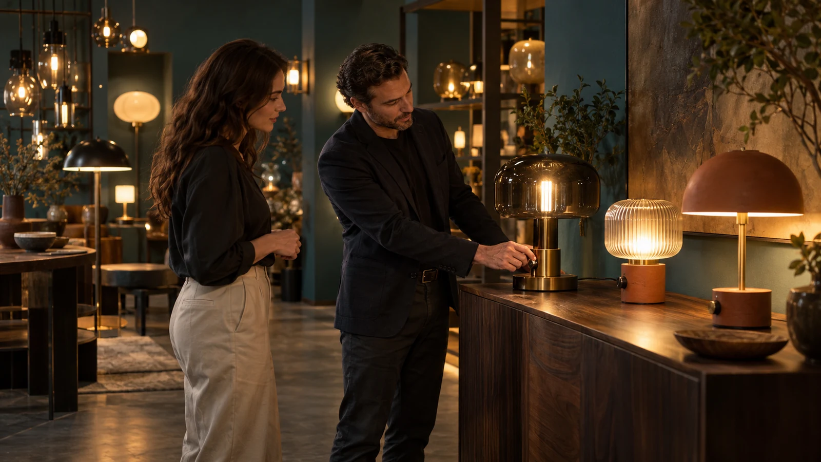 A lighting specialist shows a customer how physical controls change three lamps in a dark showroom