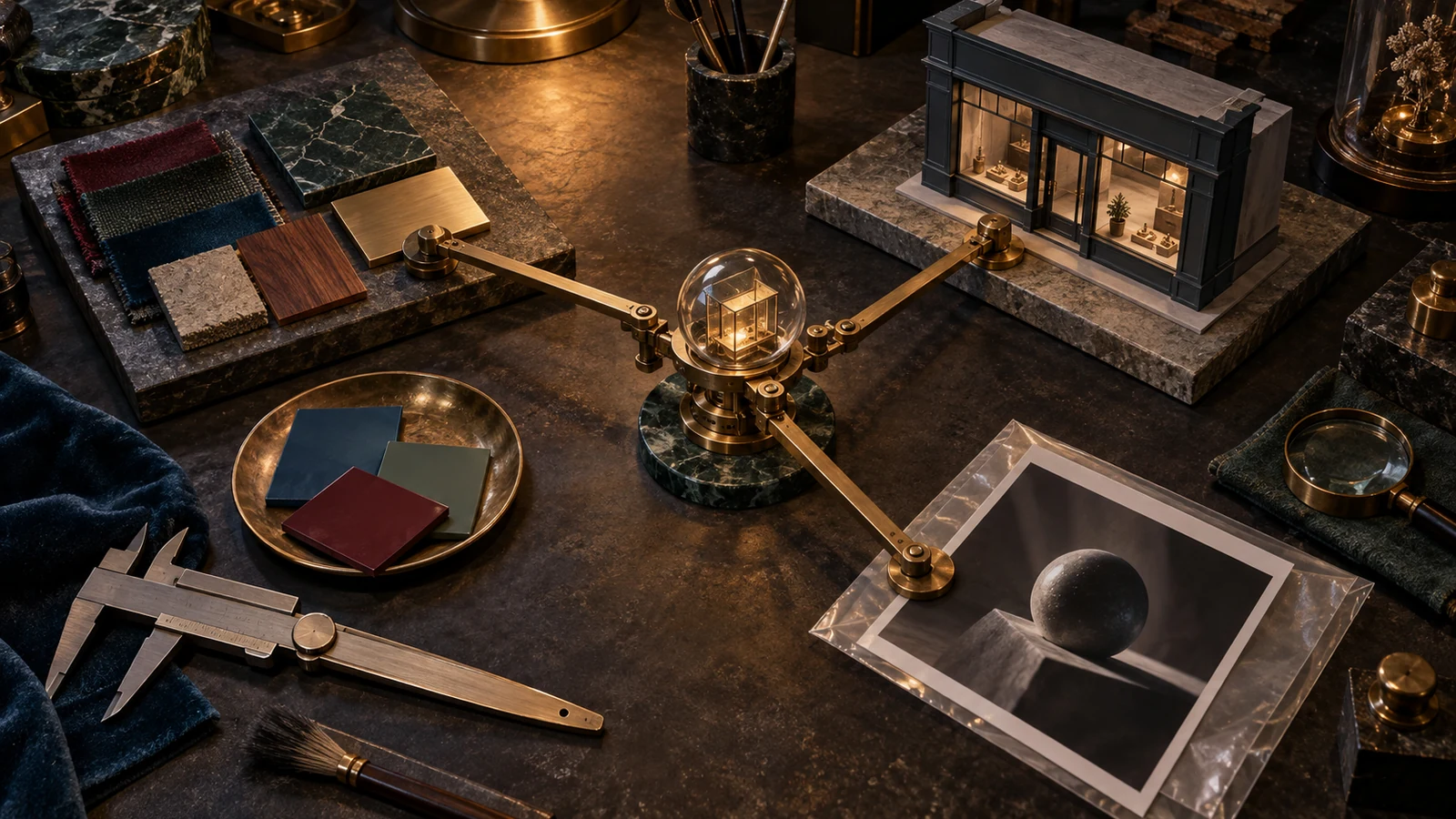 Material samples, a miniature storefront, a proof photograph, and precision tools surround a brass model on a dark worktable