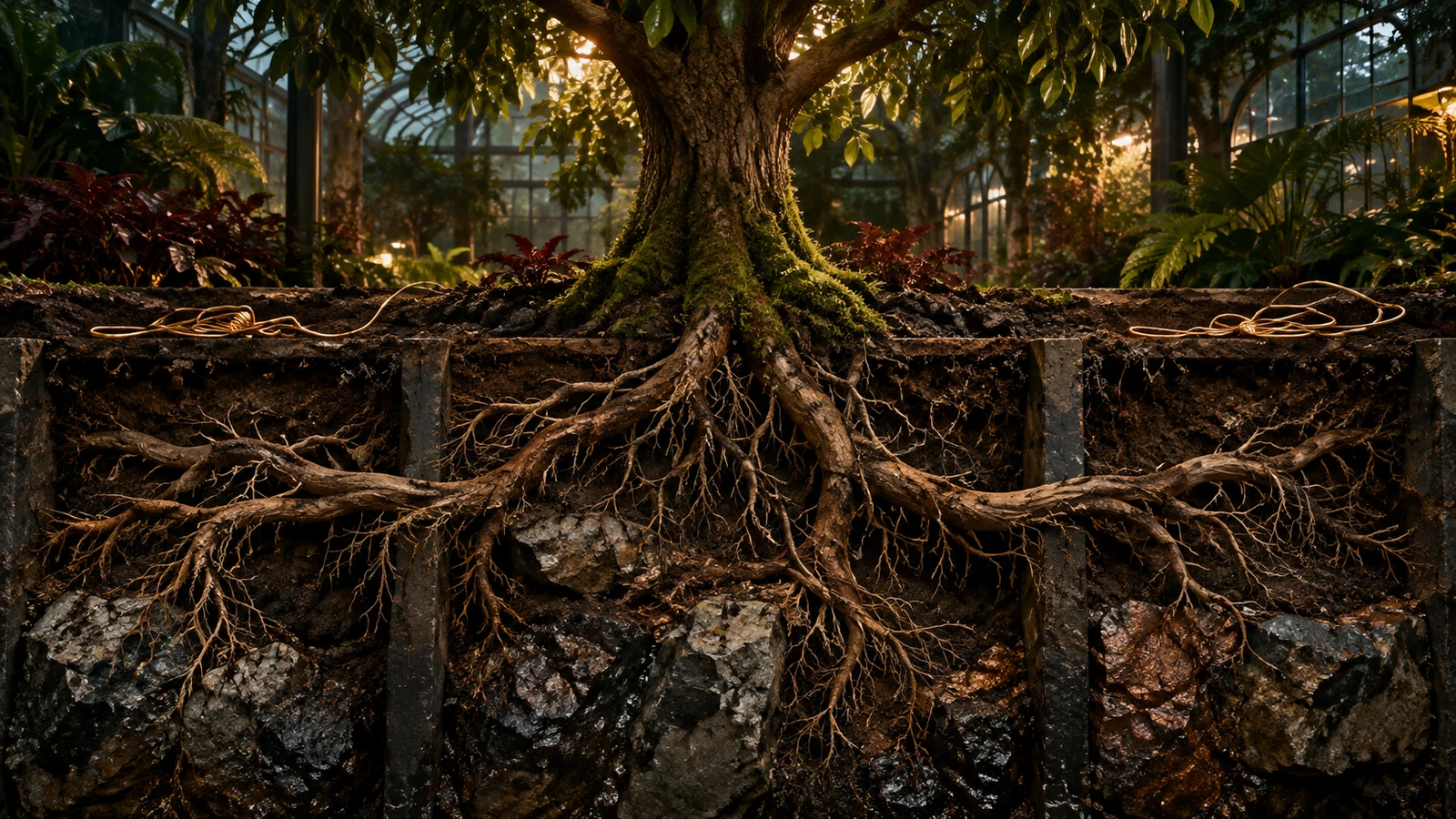Living tree roots cross stone soil chambers while decorative gold wires rest unused on the surface