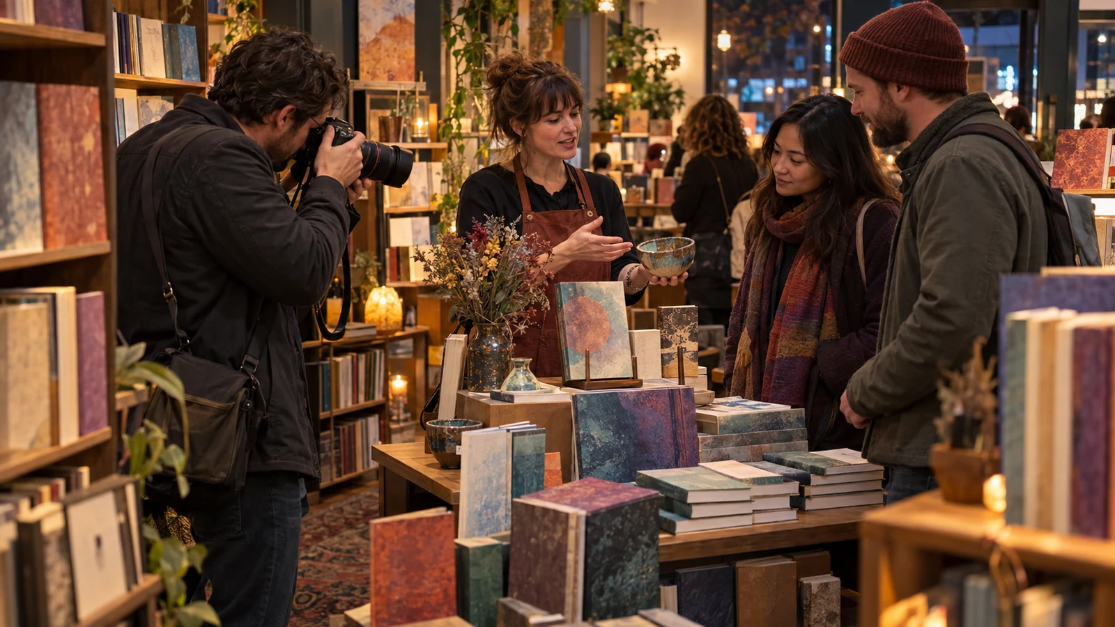 A bookseller demonstrates a handmade bowl while a reporter photographs it and two customers inspect the display