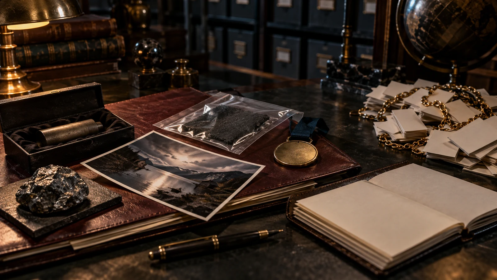 Original photographs, a specimen, and a blank credential sit apart from identical cards and tangled chain
