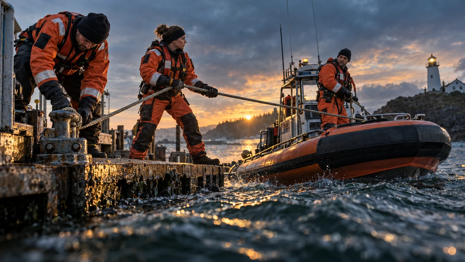 Three marine rescue crew members secure a working boat to a dock line at sunrise
