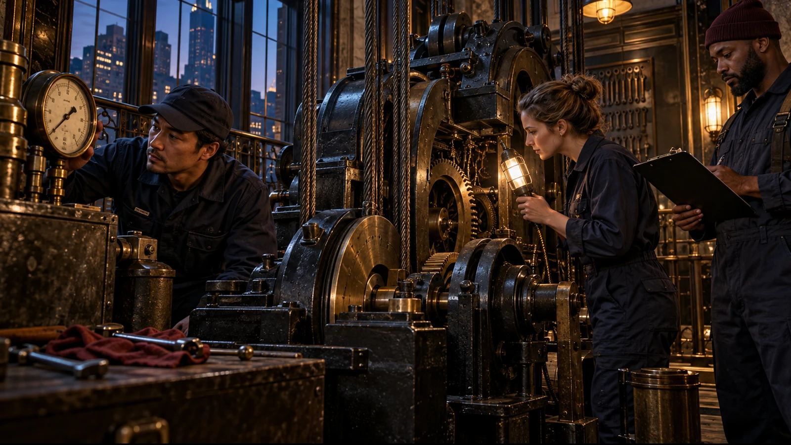 Three elevator technicians inspect analog gauges, gears, and cables in a blue-hour hotel machine room