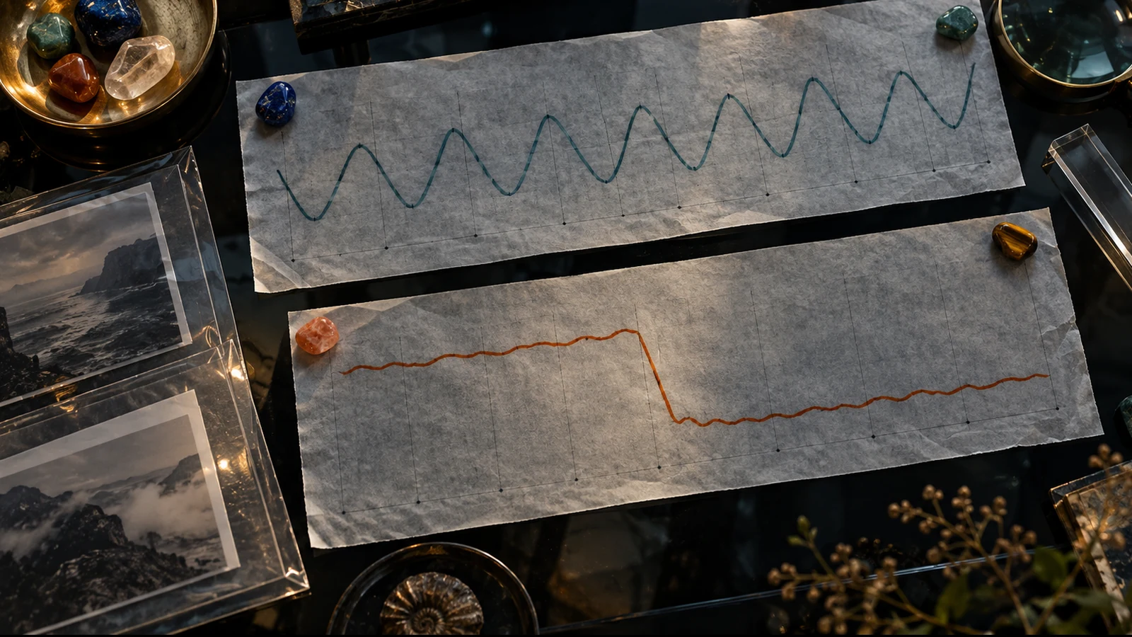 An overhead dark glass light table compares an unlabeled seasonal wave with a separate line showing a sudden sustained drop