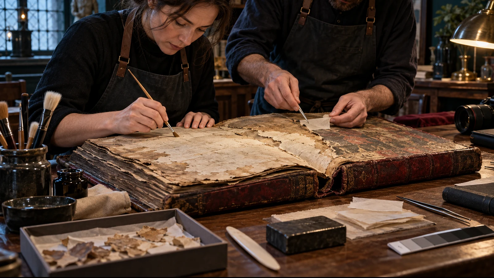 Two book conservators repair only the damaged areas of a large ledger while preserving the sound pages around them