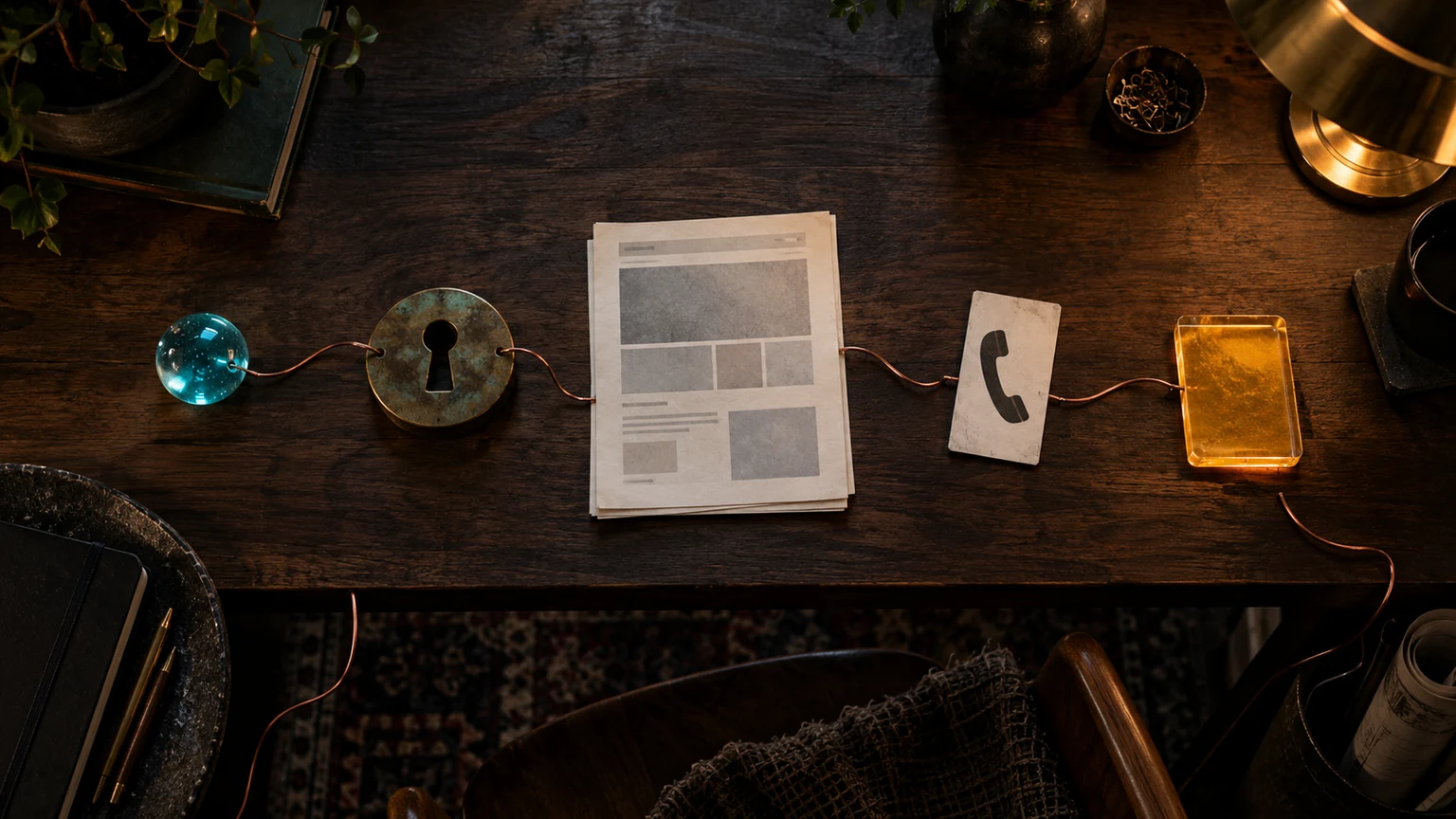 Overhead evidence trail connects an AI conversation signal to a landing page, phone call, and customer outcome