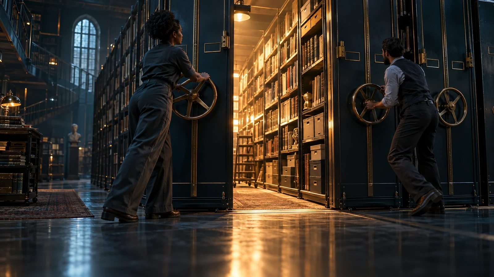 Two library staff members open mobile shelves to reveal a warmly illuminated aisle of hidden resources