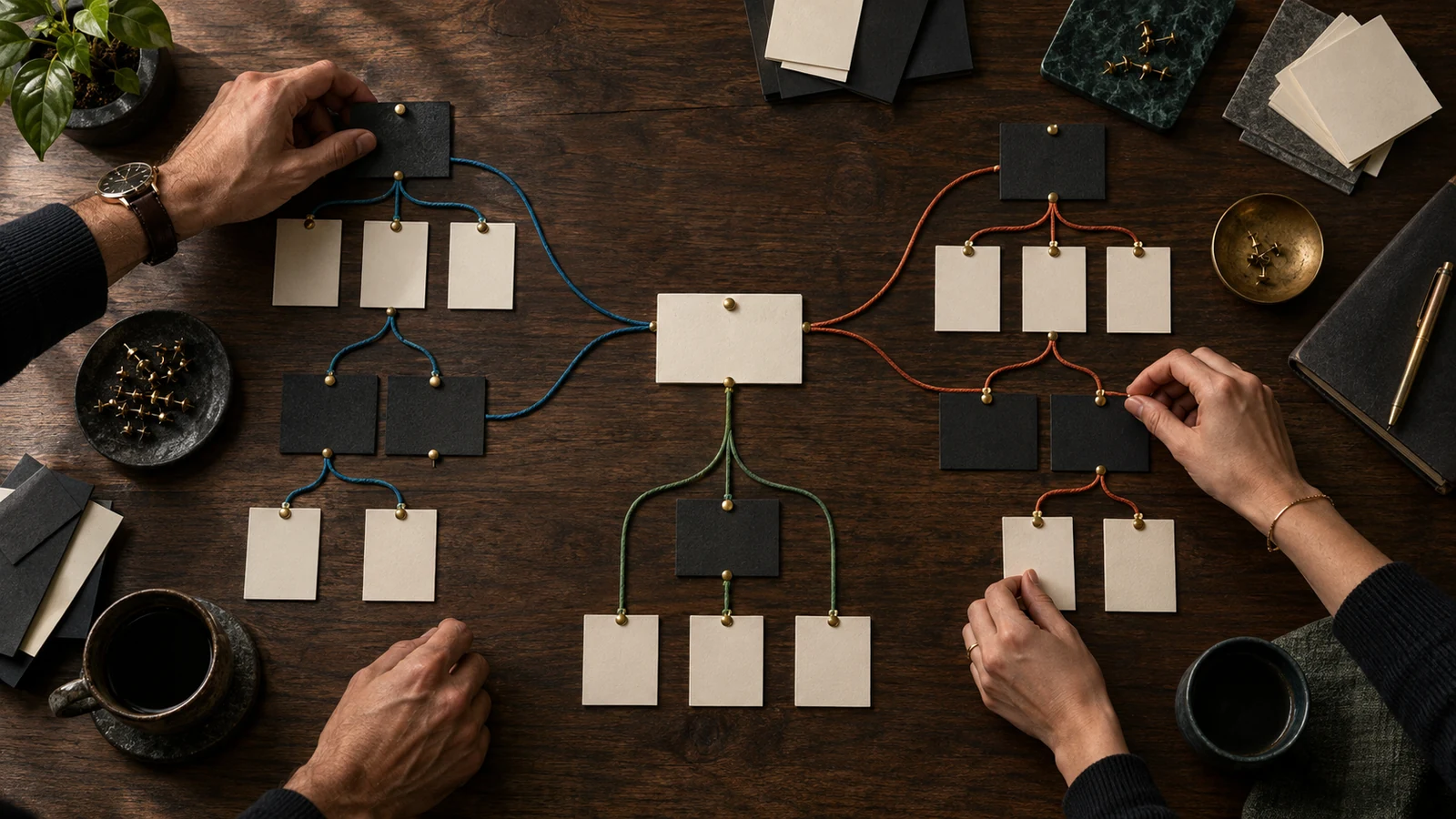 Blank page tiles connect through blue, rust, and green cords while collaborators organize a site structure