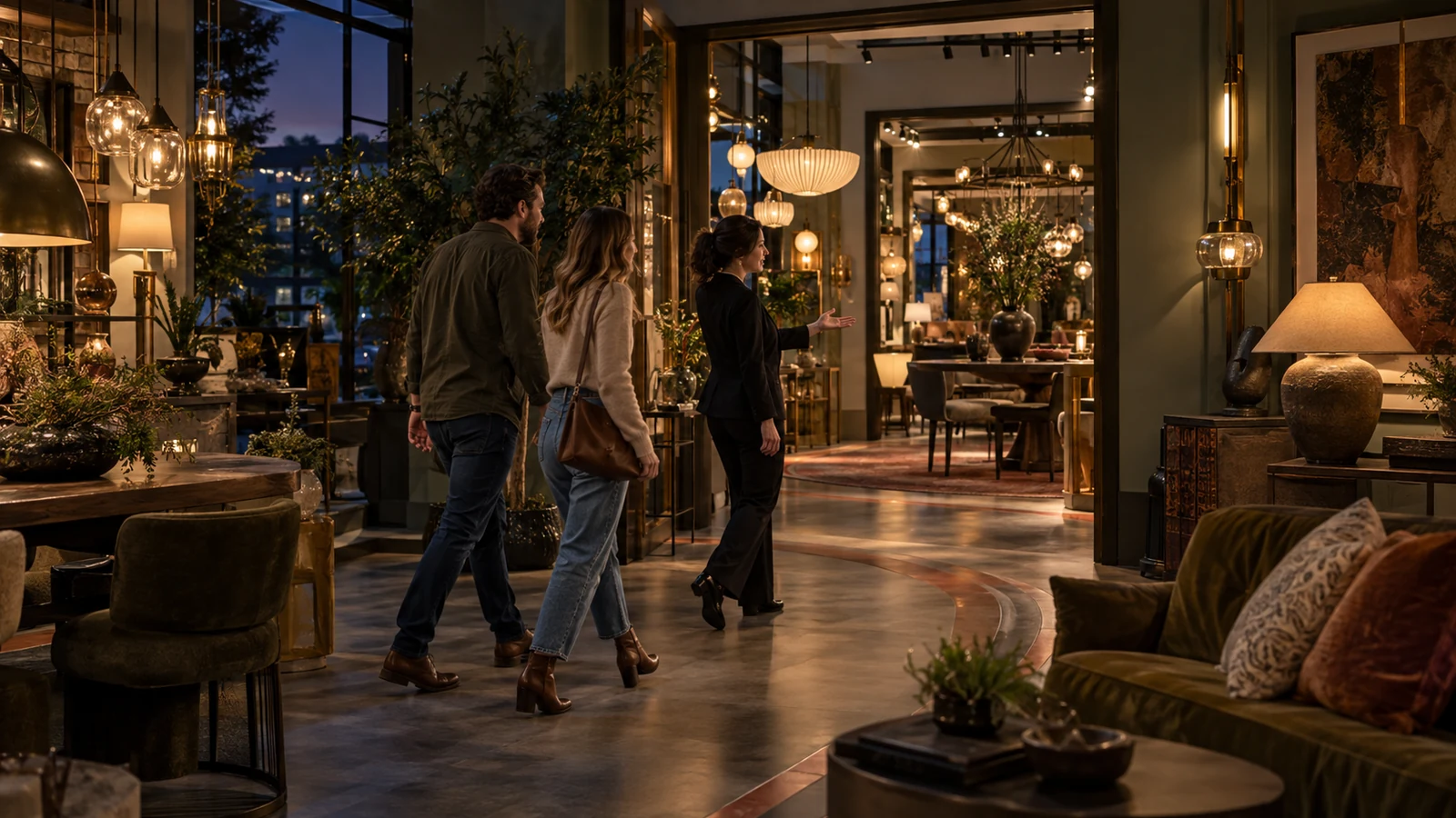 A showroom specialist guides two customers through connected rooms toward a back display