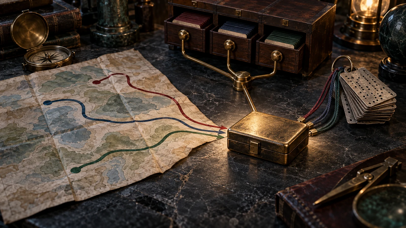 A route map, brass index drawers, and punched metal tags converge on one destination box