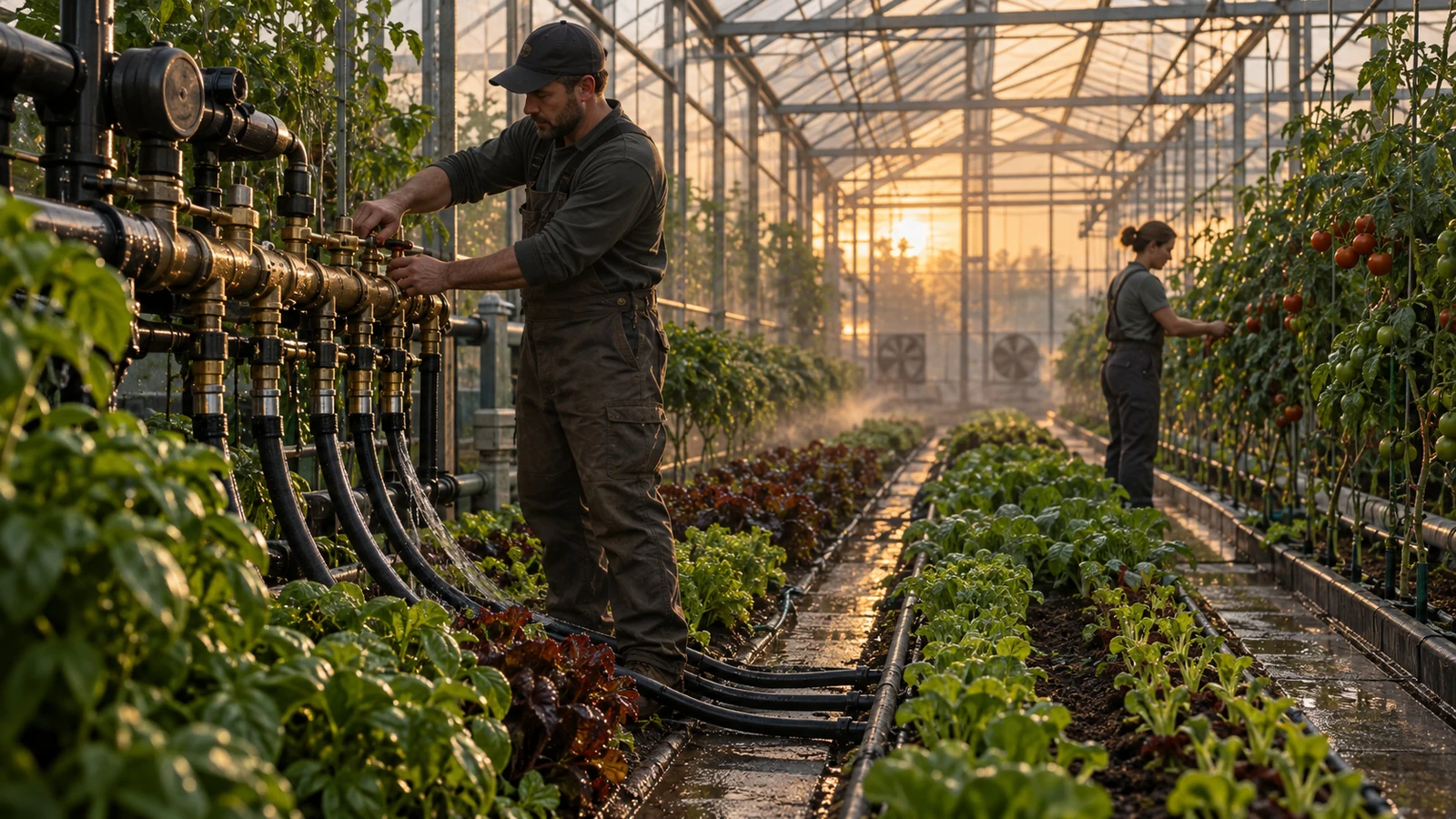 Two greenhouse operators adjust an irrigation manifold among thriving crop rows at sunrise