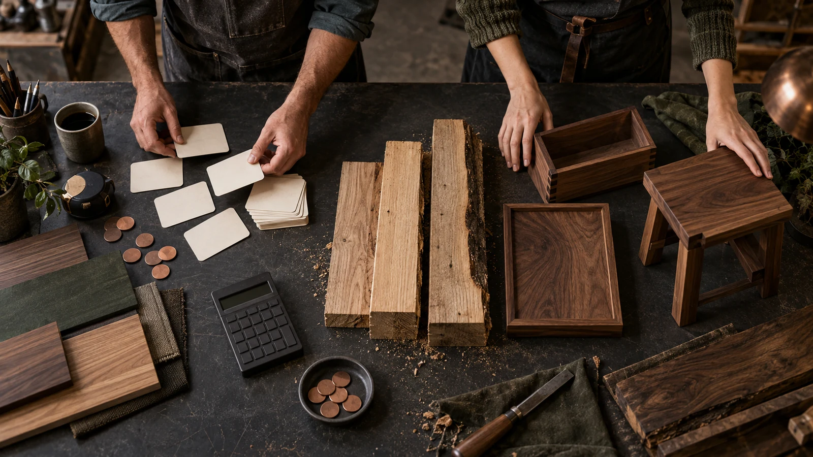 Two cabinet shop operators sort work cards, raw boards, and finished joinery on a dark bench
