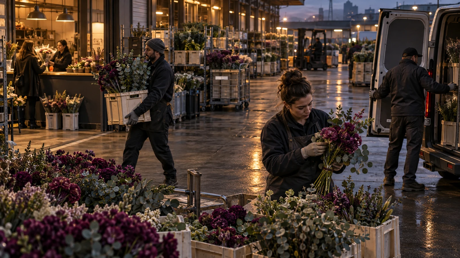 Three flower market staff route fresh inventory toward customer pickup and a delivery van