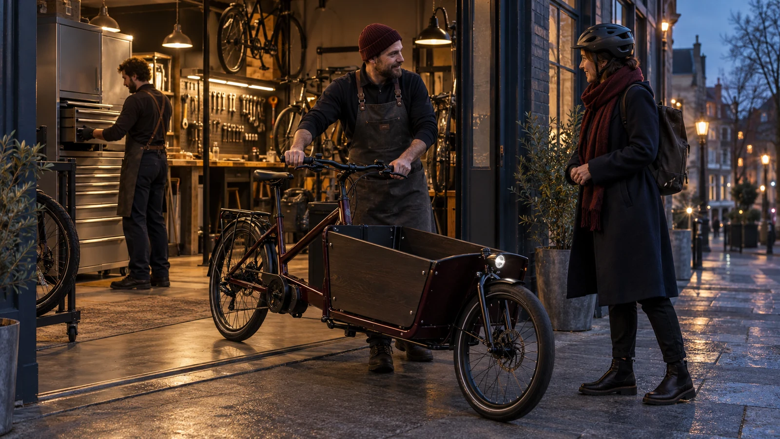A bicycle repair team completes a cargo-bike handoff to a customer outside the workshop