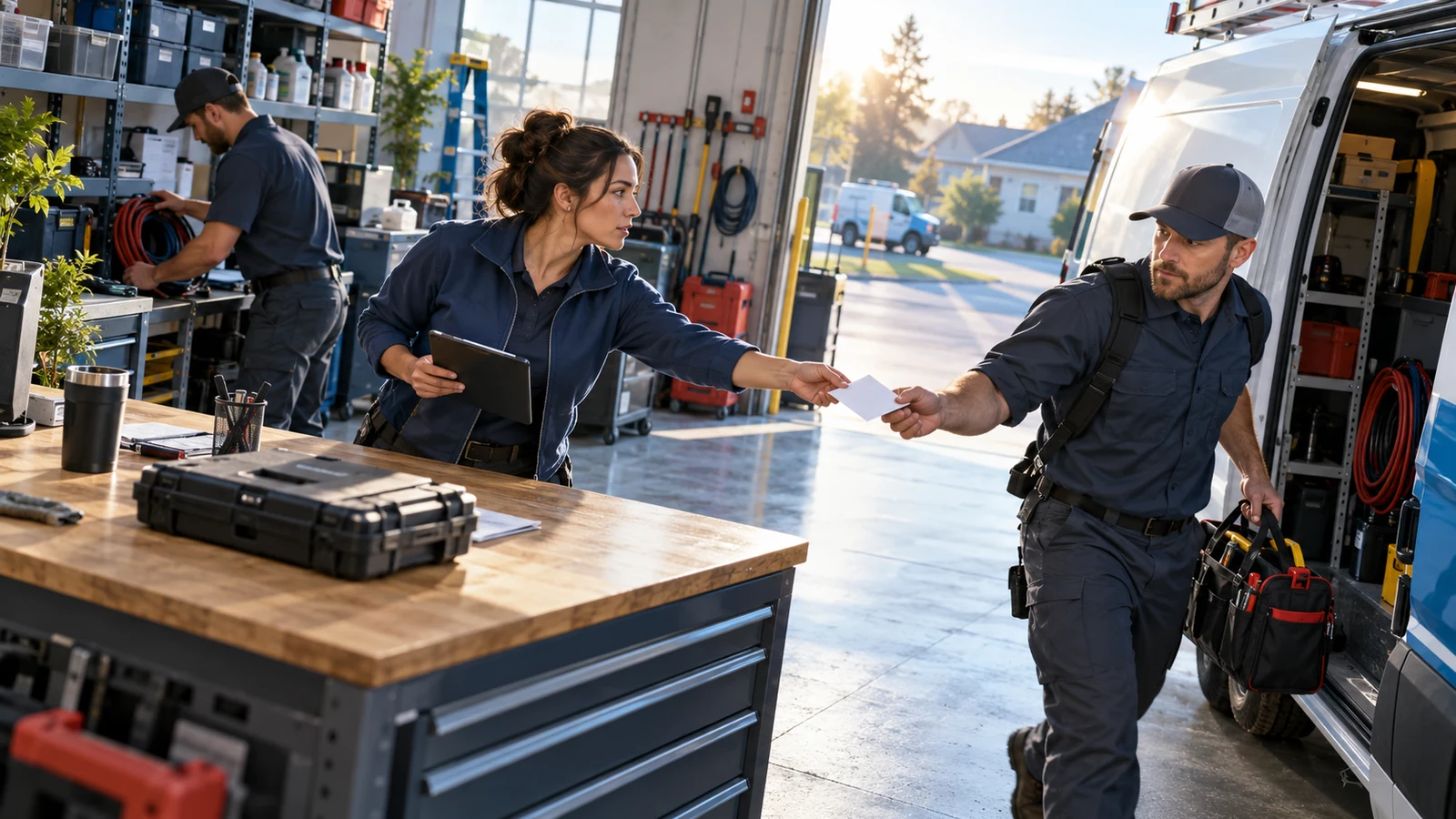 A dispatcher hands a blank inquiry slip to a technician moving toward an open service van in a bright garage