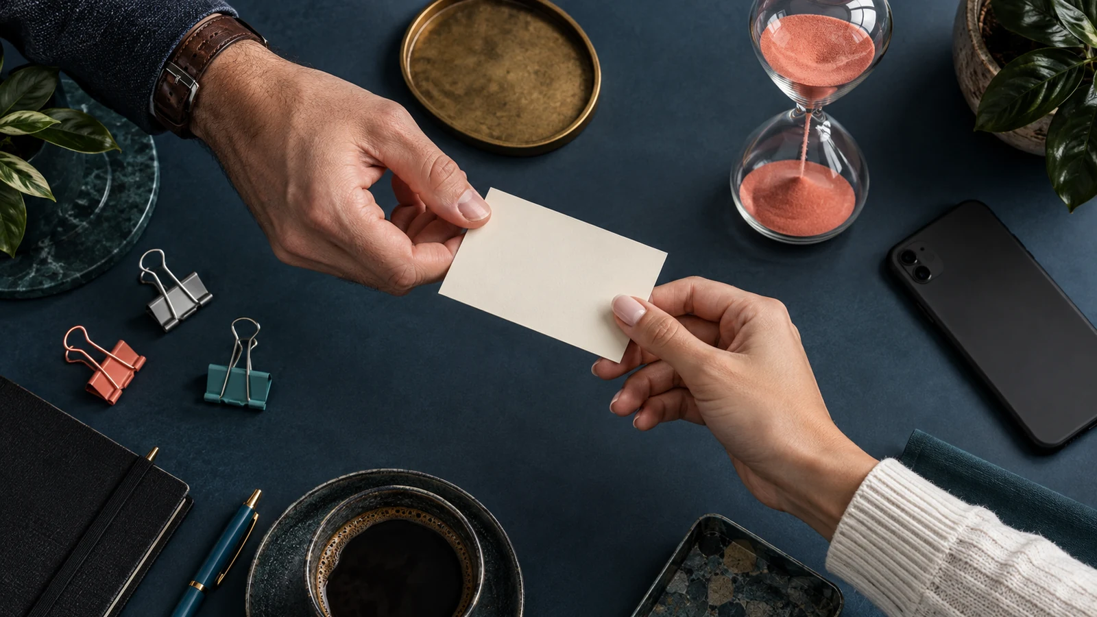 Two hands transfer a blank inquiry card beside a coral-sand hourglass, phone, clips, and brass tray