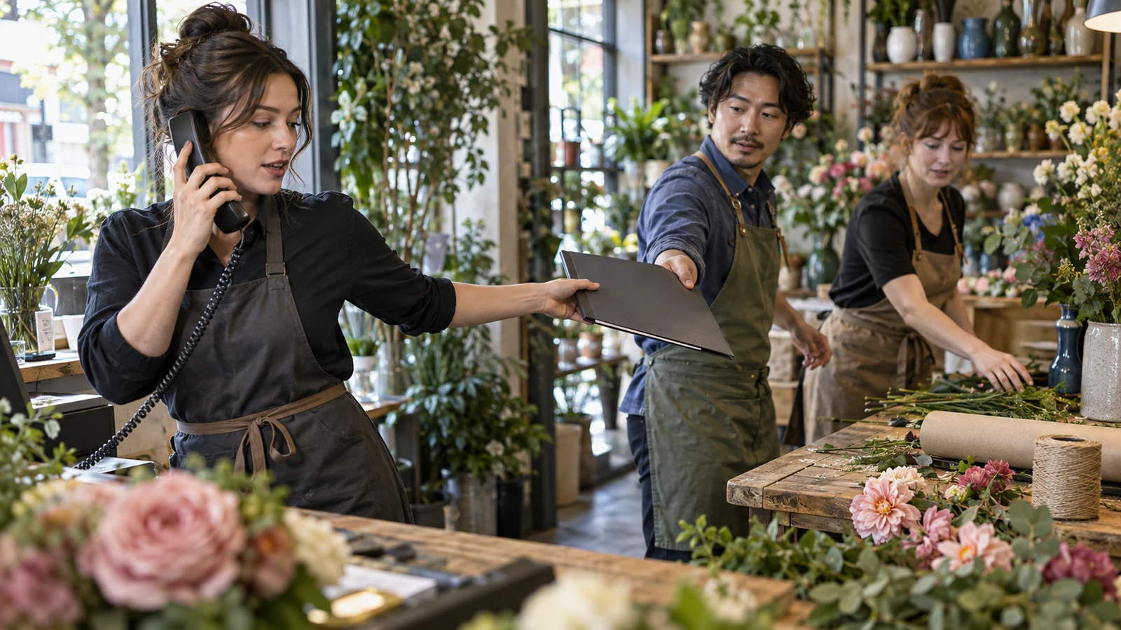 Three florist studio teammates pass a blank folder from a phone inquiry toward an open workbench