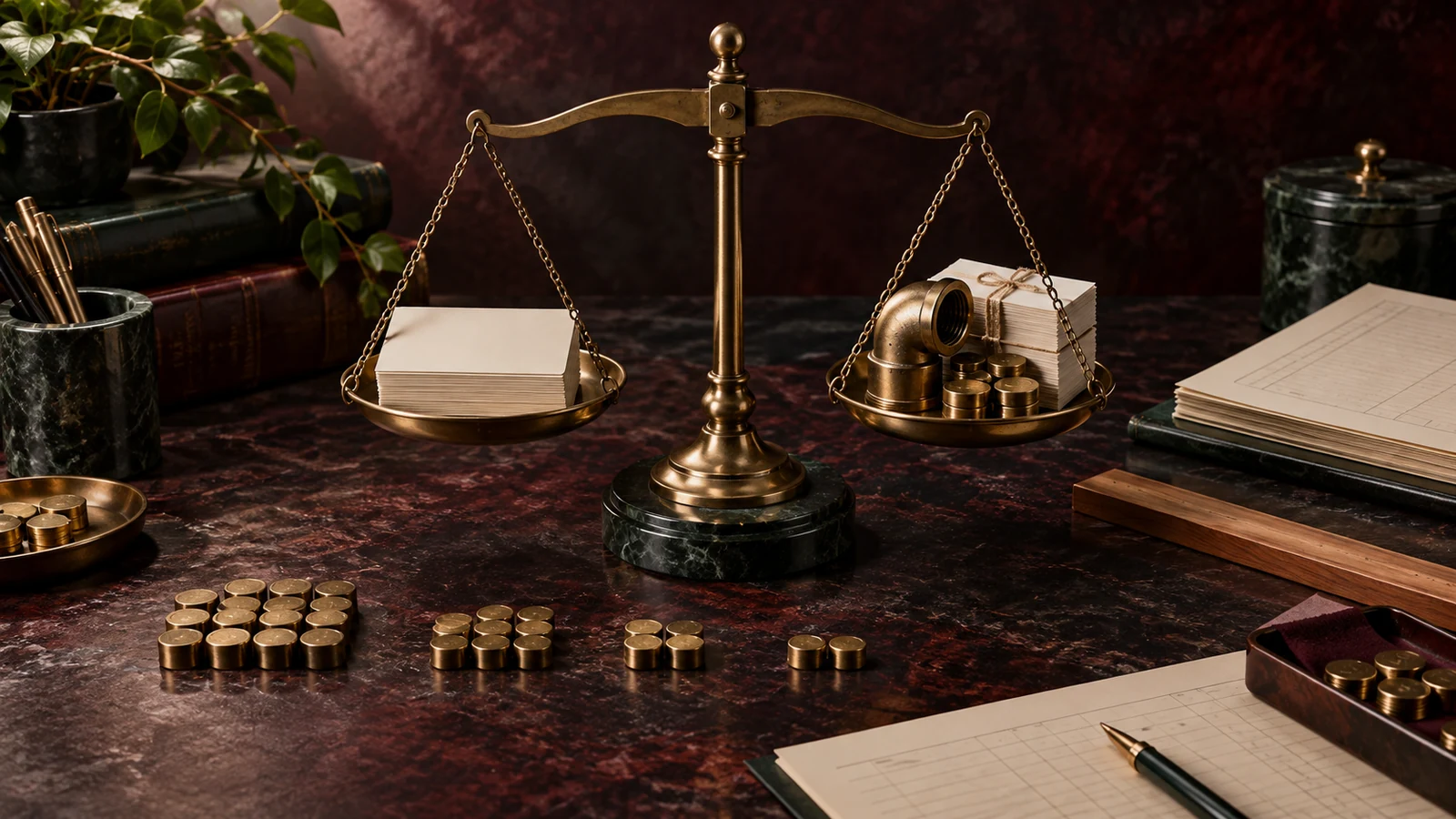A brass balance weighs blank inquiry cards against a pipe fitting, work orders, and accounting tokens on a dark stone table