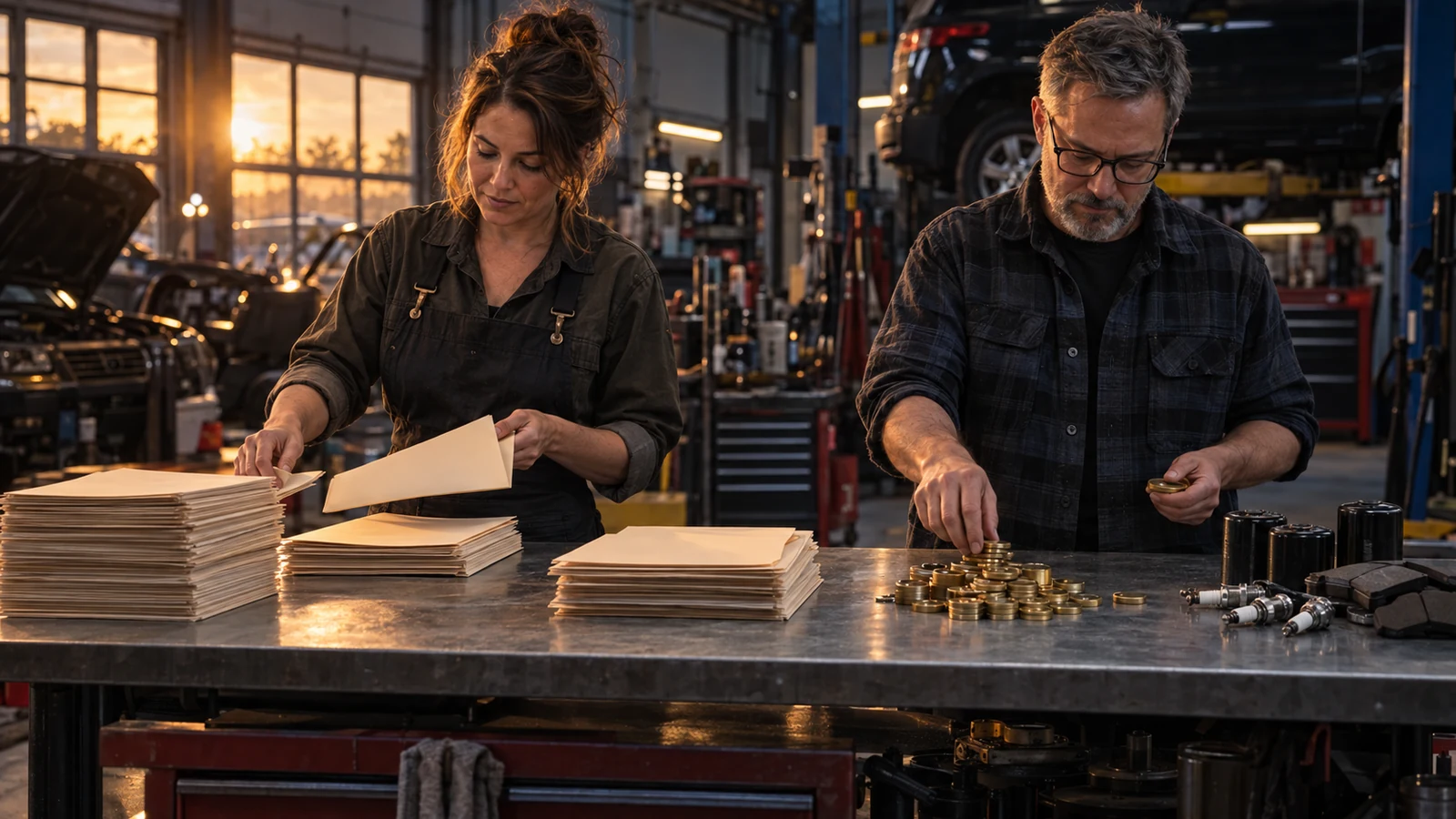 A shop owner and bookkeeper sort blank job folders, brass tokens, and automotive parts across a steel workbench