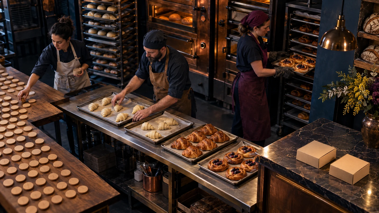 Three bakers move wooden order tokens through pastry production toward two finished pickup boxes