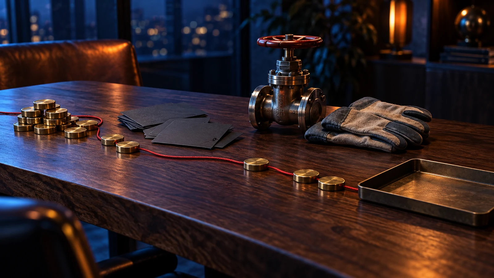 Brass tokens, blank lead cards, a valve, work gloves, and a red cord stop before an empty reserve tray