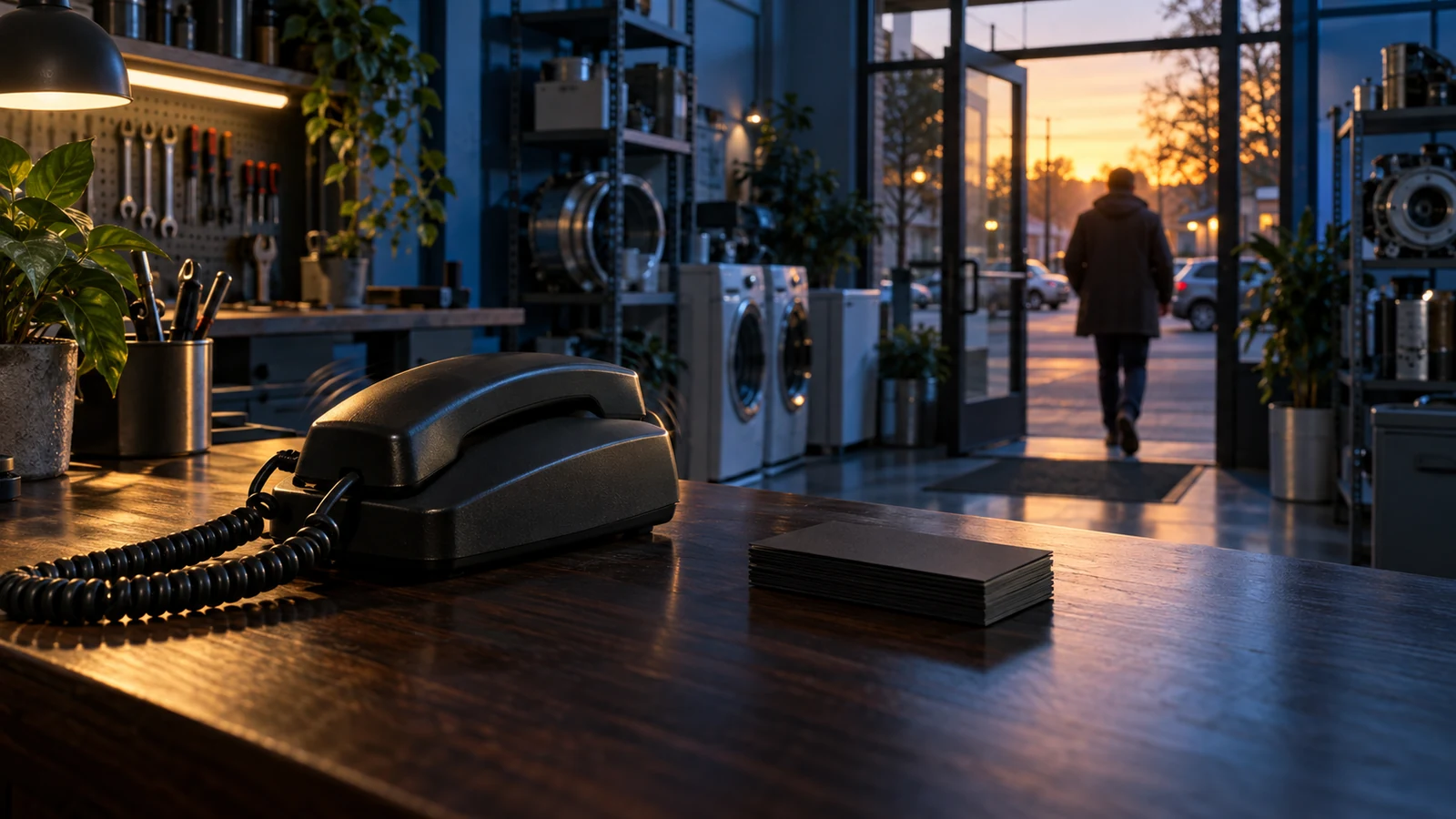 An empty service counter phone rings beside blank inquiry cards while a customer exits through a sunlit doorway